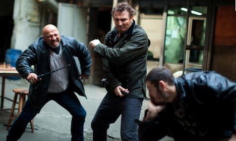 Liam Neeson fighting two guys in Taken (2008)