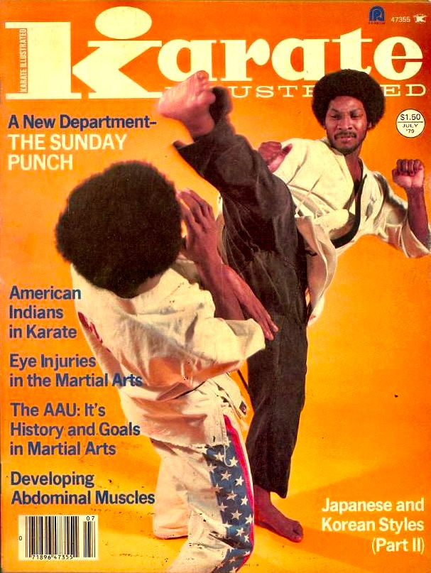 Martial artists on Karate Illustrated cover, one kicking in mid-air. Bright orange background, text highlights articles on martial arts topics.