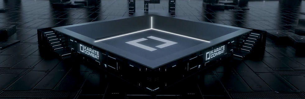 Futuristic arena with LED-lit platform, marked "Karate Combat." Sleek black and gray industrial setting, mood is modern and intense.