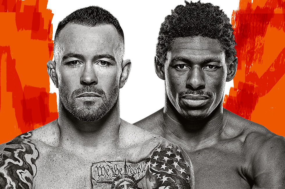 Two serious-looking men, one with tattoos, in grayscale against an orange brushstroke background. Tattoo reads "We the People."