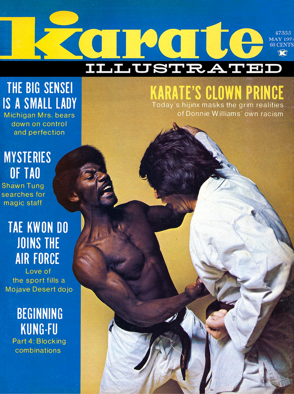 Two men in karate uniforms pose in a sparring stance. Background text highlights karate topics and articles. Bold colors emphasize the action.