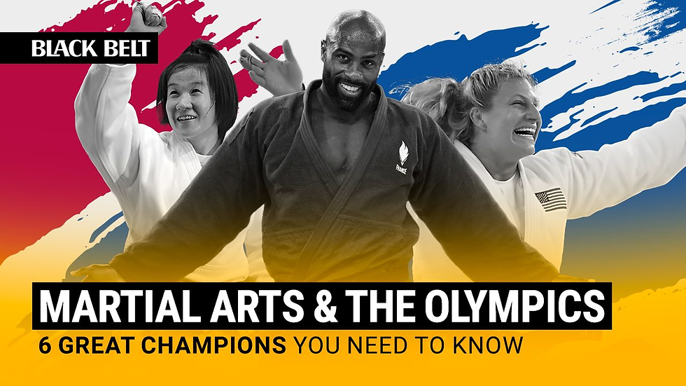 Three martial artists in white and black uniforms smiling against a red, white, and blue backdrop. Text reads "MARTIAL ARTS & THE OLYMPICS."