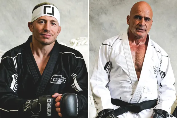 Two men in martial arts attire, one in black with gloves and headband, the other in white gi, pose confidently against a neutral background.