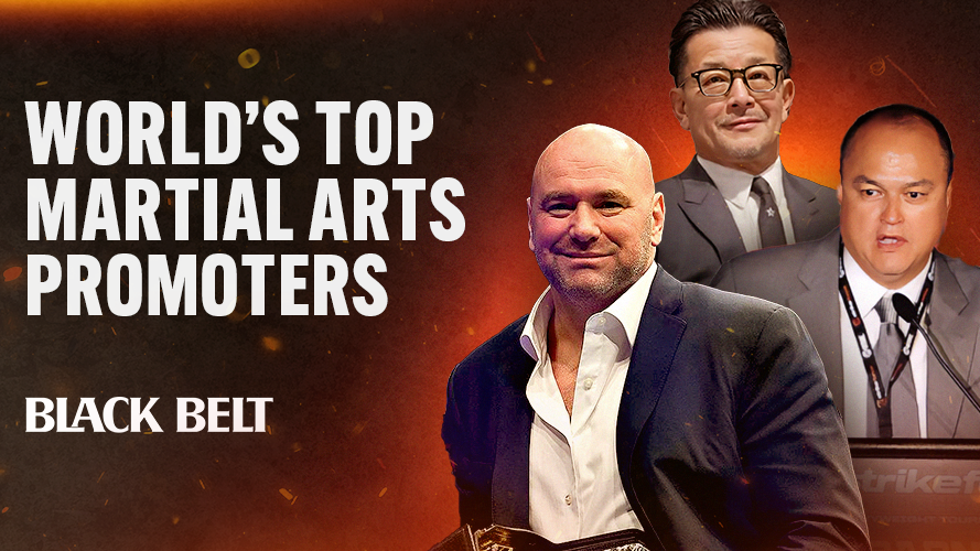 Three men in formal wear stand confidently against an orange background. Large text reads "World's Top Martial Arts Promoters." Mood is professional.