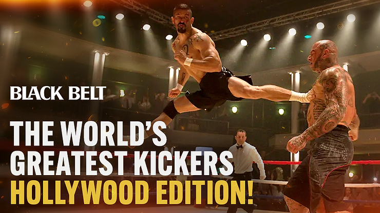 Martial artist mid-air kick in a ring, spotlights above, referee in background. Text: "Black Belt: The World's Greatest Kickers, Hollywood Edition!"