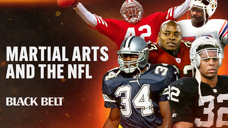 NFL players in jerseys are featured with the text "Martial Arts and the NFL" on an orange background. Mood is dynamic and energetic.