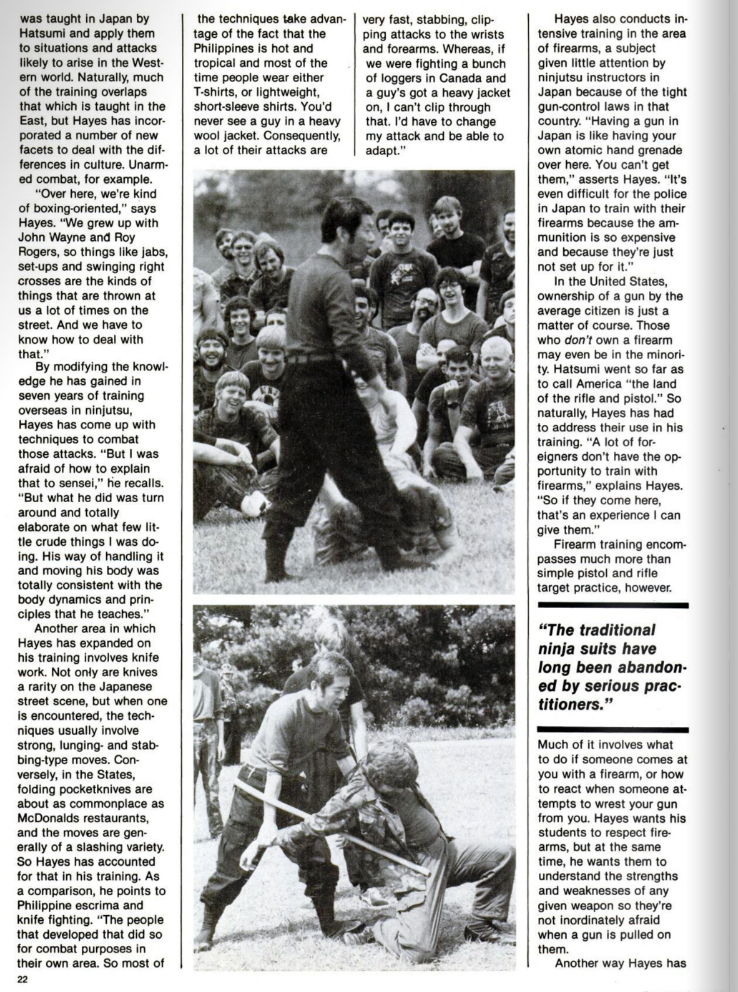 Martial arts training article features Hayes and students in outdoor practice. Includes knife fighting demo and group photo; highlights text.