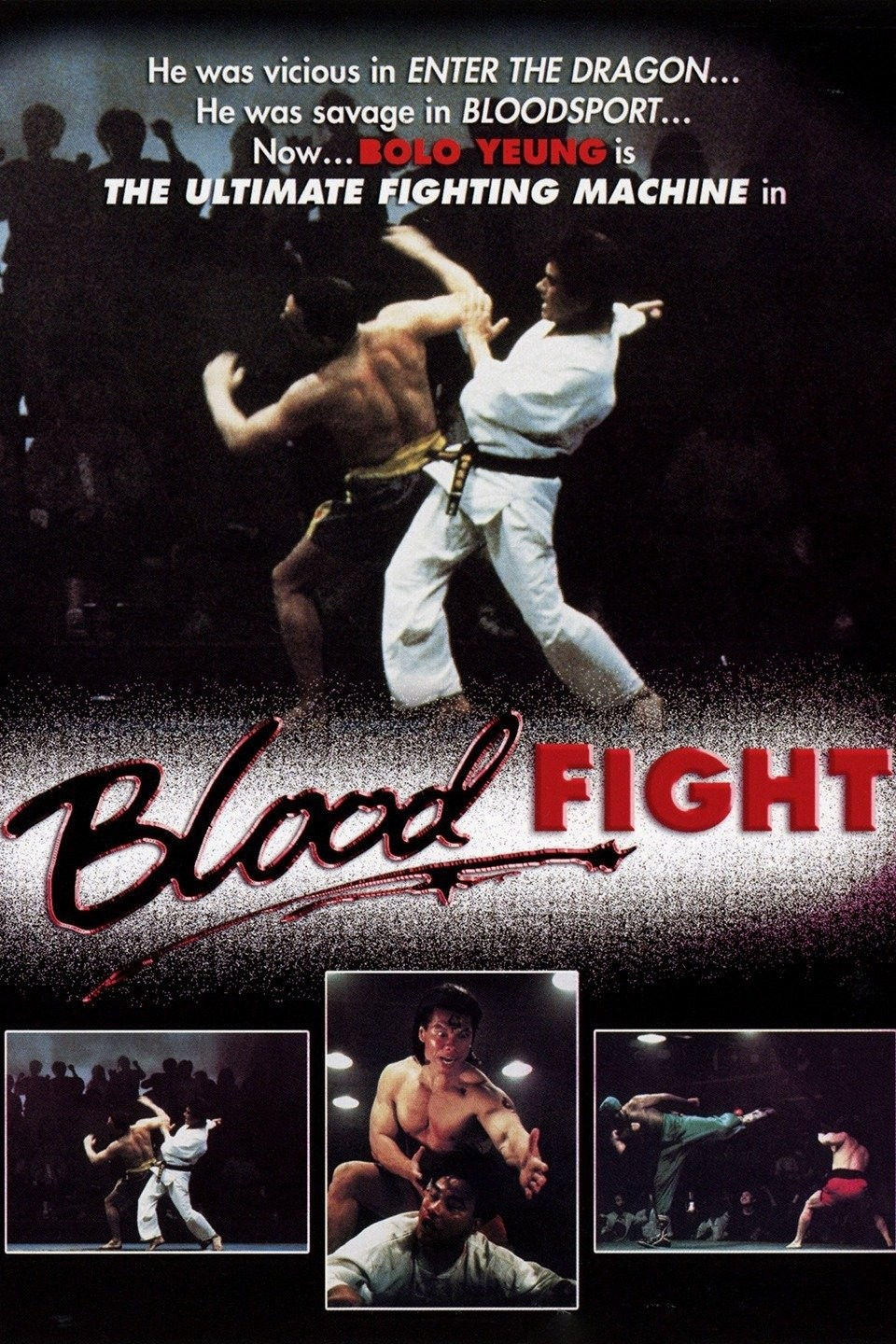 Martial artists fighting in a dark arena, surrounded by silhouettes. Bold text reads "Blood Fight" with action-packed image scenes.