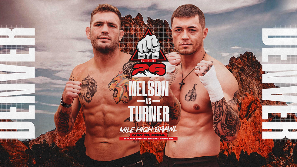 Two fighters pose with fists up against a rocky backdrop. Text: "Nelson vs Turner, Mile High Brawl, May 10, 2024, Denver."