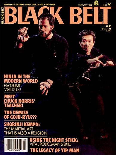 Two men in martial arts poses on the cover of Black Belt magazine, February 1983. The background is black, and the text highlights articles.