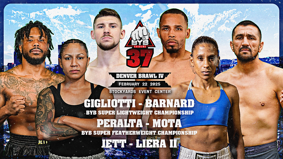 Six fighters stand ready for Denver Brawl IV on February 22, 2025. Text highlights matchups and event details with a snowy mountain backdrop.