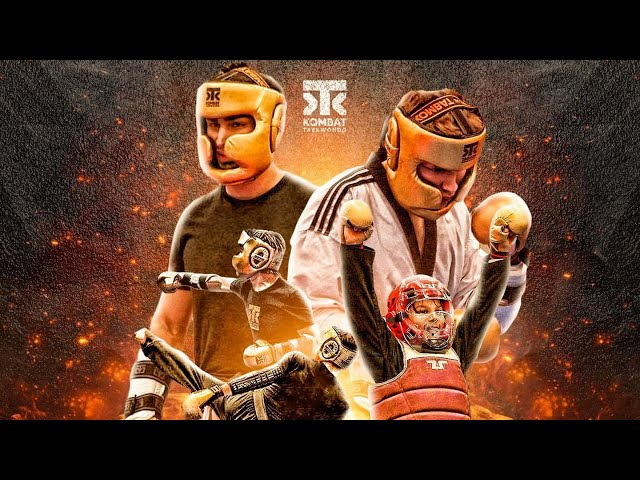 Martial artists in headgear, striking dynamic poses against a fiery background. Visible text: "Kombat Team Taekwondo." Energetic mood.