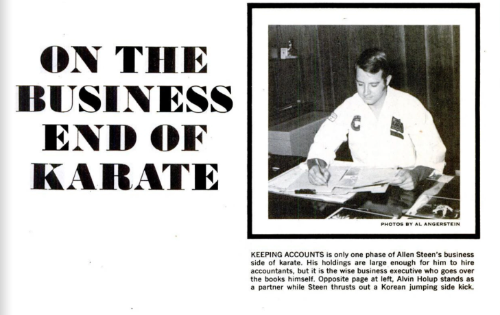 Man in karate gi reading documents at a desk. Text reads "ON THE BUSINESS END OF KARATE." Black and white image with a serious mood.