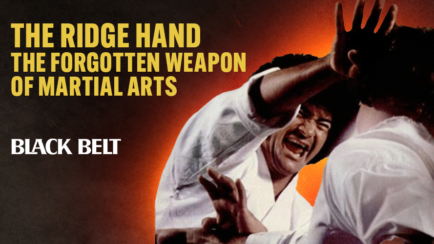 Martial artist delivers a ridge hand strike against an opponent. Bold text reads "The Ridge Hand: The Forgotten Weapon of Martial Arts." Mood is intense.