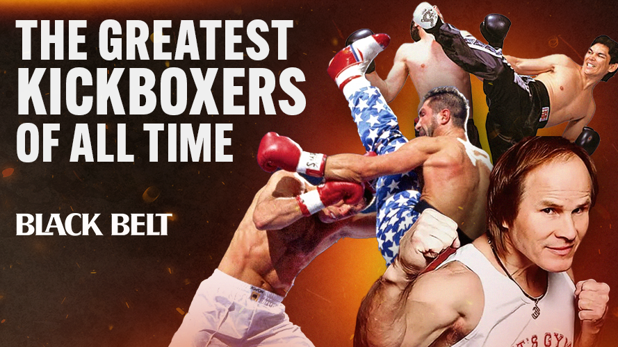 Kickboxers in action against a fiery backdrop. Text: "The Greatest Kickboxers of All Time." Energetic and intense mood.