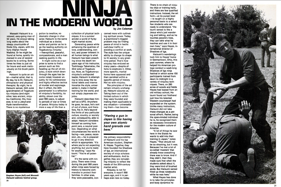 Magazine spread on ninja training. Left: text on Masaaki Hatsumi and Stephen Hayes with "NINJA IN THE MODERN WORLD" title. Right: two men practicing martial arts outdoors.