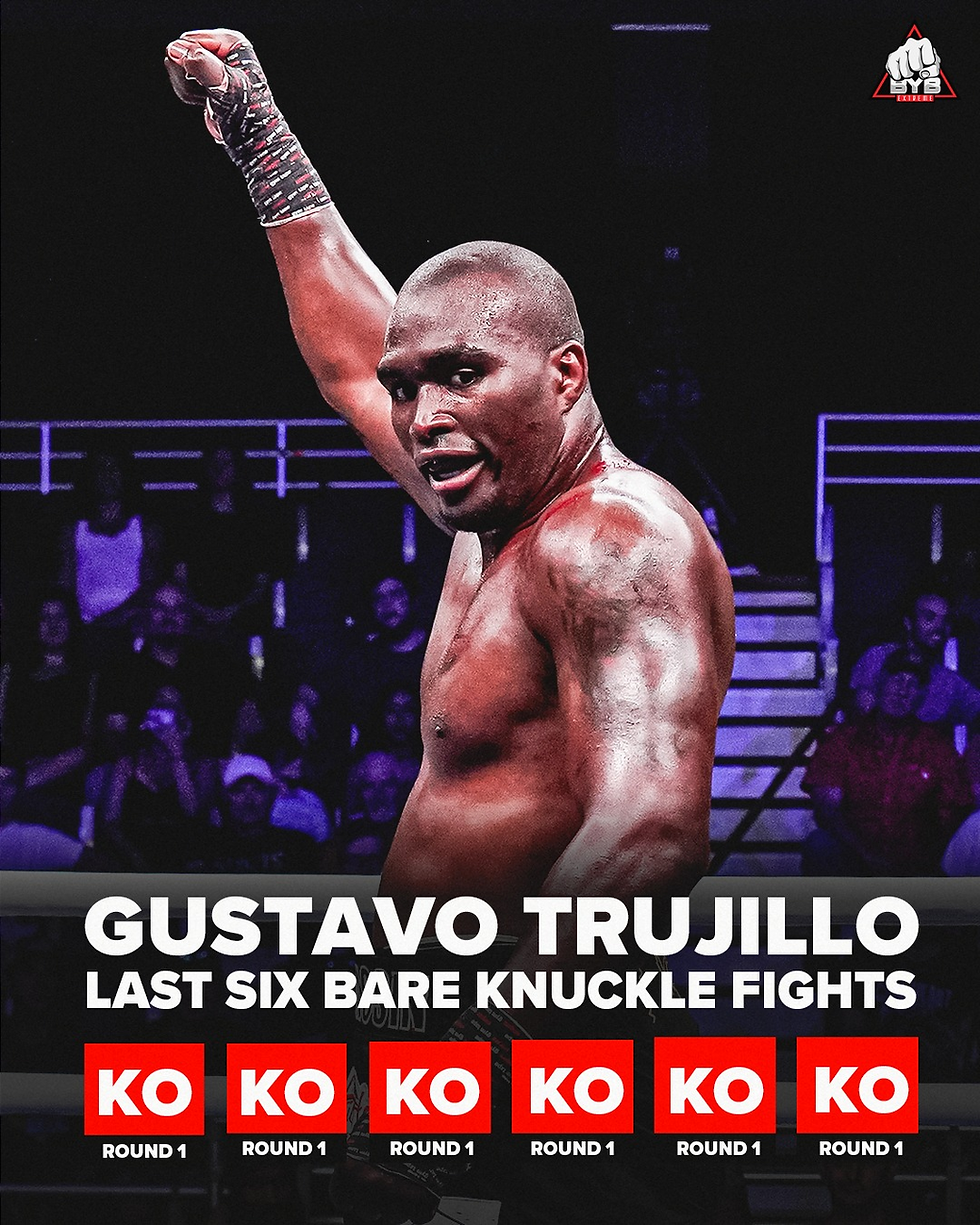 Boxer raising fist victoriously in a ring, packed stands in background. Text: "Gustavo Trujillo, Last Six Bare Knuckle Fights, KO Round 1."