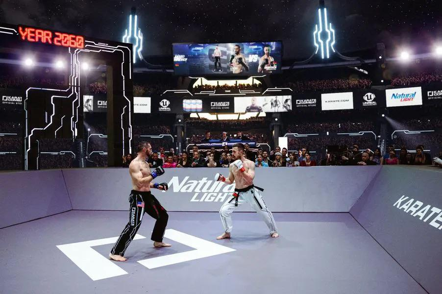 Two fighters in a futuristic arena square off under neon lights. "Year 2060" and "Natural Light" logos are visible. A crowd watches intently.